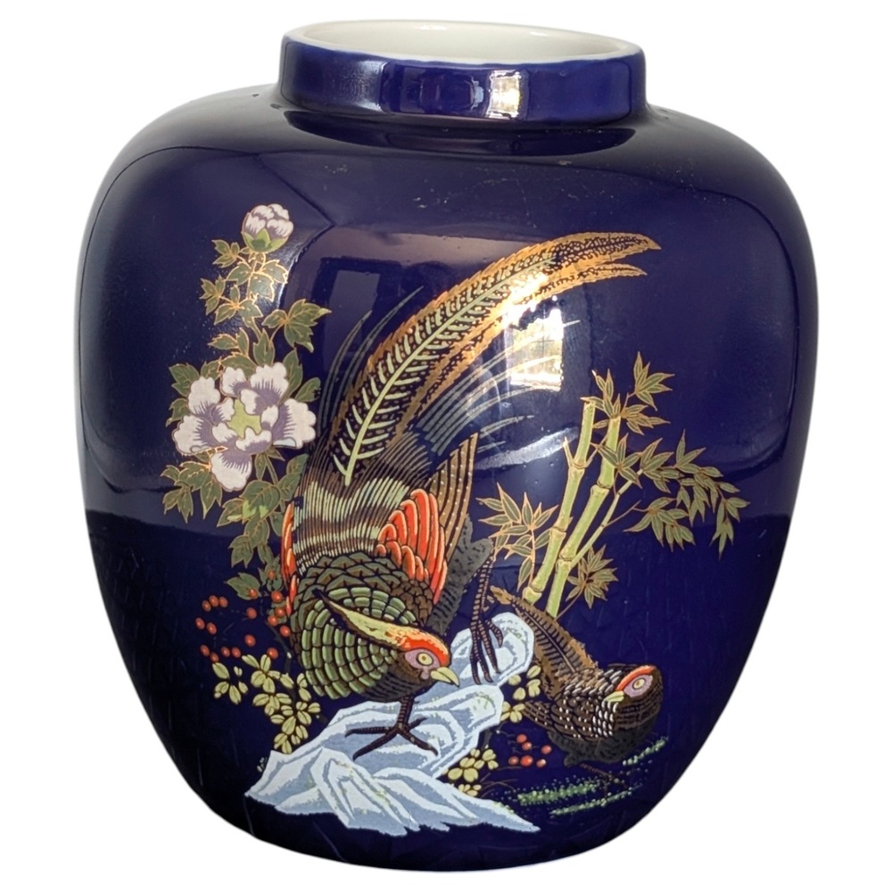 VTG Kutani Vase 4"x4.25" W/ Pheasant Couple W/‎ Flowers Cobalt Blue Taiwan